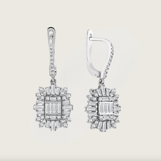 Athena Beyaz Altın Baget Pırlanta Küpe