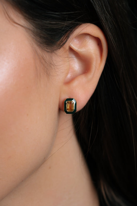 Hexa- Sitrin ve Yeşil Mineli Altın Küpe